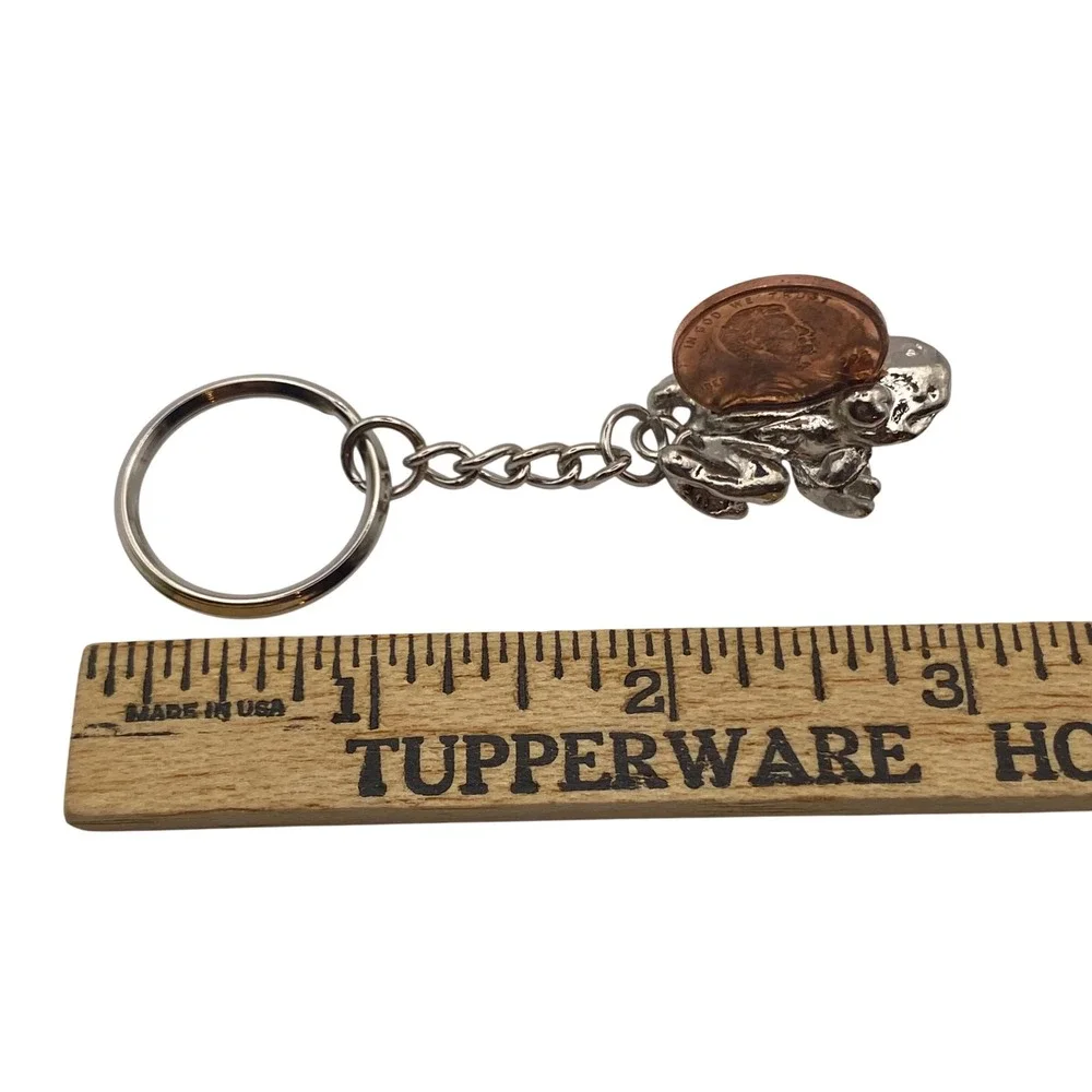 Vintage Pewter Frog Keychain with 1993 Penny Silver Tone Toad Animal Charm